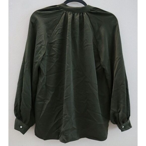 ZARA Women's Sz Small Hunter Green Jewel Button Ruffled Satin Effect L/S Blouse - Picture 2 of 8